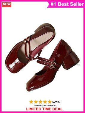 Women's Leather Mary Jane Pumps Square Toe Low Block Heel Work Shoes